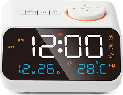 Zdjęcie produktu dla Wielofunkcyjny budzik z radiem FM, cyfrowy zegar LED zasilany akumulatorem, z wskaźnikiem temperatury i wilgotności, obsługujący aktywację dźwiękiem/przesuwanie utworów, regulacją jasności/głośności oraz funkcją drzemki