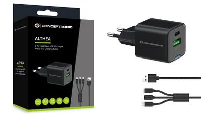 Produktbild von Conceptronic 2-Port 33W GaN USB-PD-Ladegerät mit 3-in-1-Ladekabel, USB-C x 1, USB-A x 1, QC 3.0, PPS, Drinnen, AC, 20 V, 1,5 m, Schwarz
