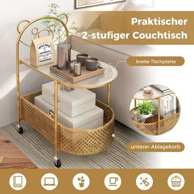 Produktbild von Beistelltisch Glas mit Rollen 2-stufiger Glastisch mit Bärenmuster 60 x 40 x 76 cm Golden