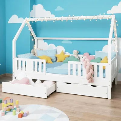 Produktbild von MEBLE WRÓBEL Hausbett 80x160 cm mit 2 Schubladen Rausfallschutz und Lattenrost - Einzelbett Jugendbett- Kinderbett aus Kiefer Massivholz Weiß - Kleinkindbett für Jungen & Mädchen - Standhöhe 20 cm