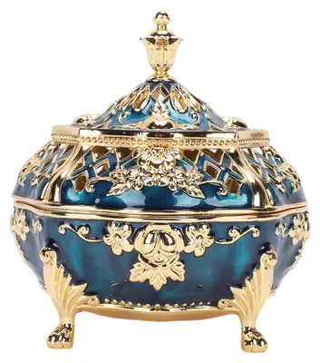 Image de Porte-encens conique avec couvercle, style européen, support vintage, alliage métallique, motif sculpté pour la décoration d'intérieur, bleu doré