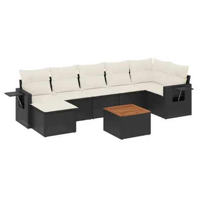 Produktbild von Modulares Gartensofa-Set, 8-teilig, mit abnehmbaren Cremeweiß-Kissen, aus schwarzem PE-Rattan & Akazienholz, UV-beständig