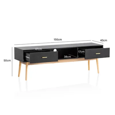 A product shot of a black TV stand with wooden legs, featuring dimensions indicated by text overlays.