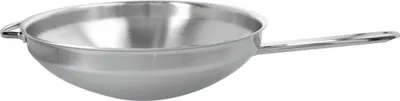 A stainless steel wok on a white background.