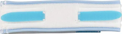 A close-up, top-down view of a white and blue medical support band with two blue gel inserts.