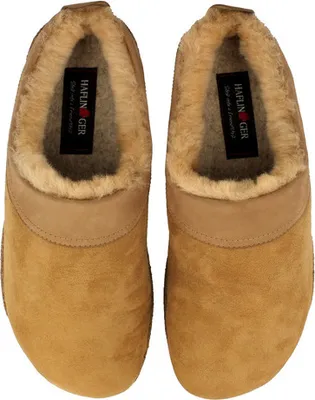 A pair of tan, fur-lined slippers are shown from a top-down view against a white background.