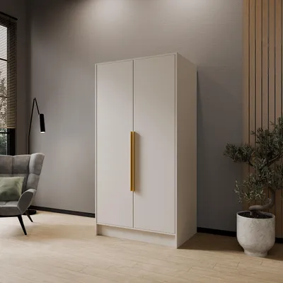 Obrázek produktu pro Šatní skříň se závěsnými dveřmi PAVIA 100 cm Moderní šatní skříň s hladkými dveřmi, kašmírová se zlatými úchytkami