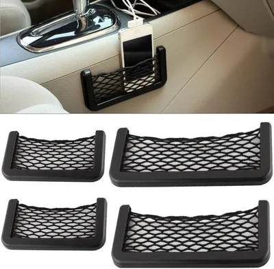 Produktbild von Unyqoos® 4er-Set selbstklebende elastische Auto-Aufbewahrungsnetze, schwarz, 2 Größen – Organizer für Sitze & Kofferraum
