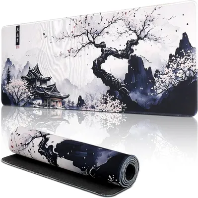 Image de Tapis de souris japonais blanc, tapis de souris gaming XXL (80 x 30 cm), grand tapis de bureau avec motif de fleurs de cerisier, tapis de clavier gaming anime, grand protège-bureau pour la maison et le bureau
