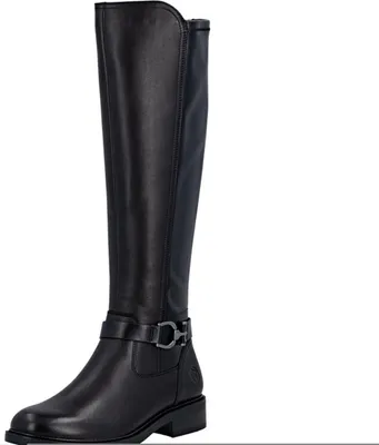 A black leather boot is shown against a white background.
