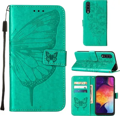 Produktbild von Galaxy A50 Hülle, Schmetterling Prägung Flip Leder Kartenfächer Schutzhülle Ledertasche mit Ständer für Samsung Galaxy A50 / A30S / A50S Grün