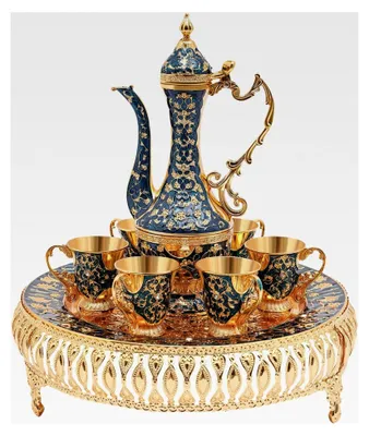 Produktbild von Vintage Türkische Kaffeekanne Set, Türkische Teekanne aus Metall mit Tablett und 6 Teegläsern, Kaffeetasse Teegläser Set für die Teeparty zu Hause (Dunkelblau)