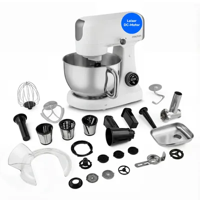 Produktbild von MEDION Küchenmaschine (Fleischwolf, 4,6 Liter Edelstahlschüssel, leiser Gleichstrommotor, 800 Watt, Reiben Raspeln Schneiden, Digitales Sensor Touch Display, Knetmaschine, Teigmaschine, MD12600) weiß