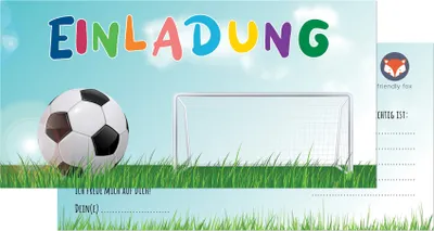 Produktbild von Friendly Fox Fussball Einladung - 12 Einladungskarten Fussball zum Kindergeburtstag Junge Mädchen - Karten mit Umschlag - Geburtstagseinladungen - Fussballtor - ideal für jeden Fußball-Fan