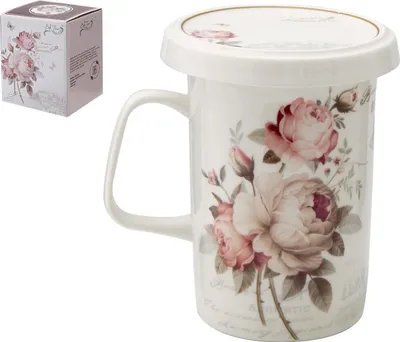 Zdjęcie produktu dla Porcelanowy kubek z sitkiem i pokrywką, 340 ml, RÓŻA
