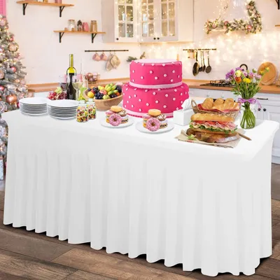 Produktbild von 2 in 1 Elasthan Tischrock & Tischdecke 6ft Rechteckig Weiß 182x76x74cm Faltenfrei