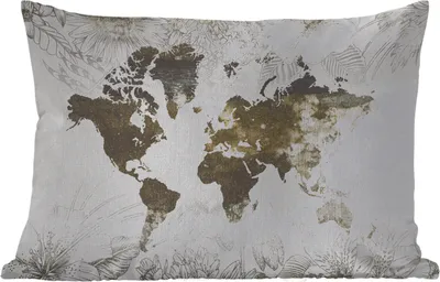 Produktbild von MuchoWow® Outdoor Kissen - Weltkarte - Blumen - Gold - 60x40 cm - Wetterfest - Lounge Kissen - Zierkissen - Kissen für Innenräume