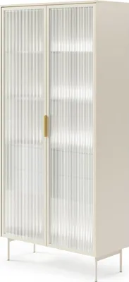 A tall, two-door display cabinet with fluted glass doors and gold handles, shown against a white background.