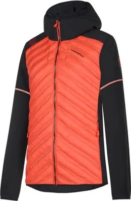 Die Koro Jkt W von La Sportiva ist eine Damen-Insulationsjacke in orange und schwarz; ideal für Outdoor-Aktivitäten.