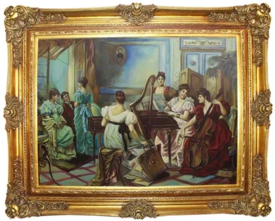 Produktbild von Casa Padrino Barock Ölgemälde Damen Musizieren Mehrfarbig / Gold 160 x 10 x H. 130 cm - Handgemaltes Gemälde mit prunkvollem Rahmen im Barockstil - Barock Deko Accessoires