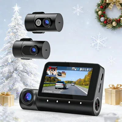 Image de dashcam 3 canaux, 4K+1080P+1080P Dashcam voiture Avant Intérieur Arrière GPS 5.2GHz WiFi, 3" écran IPS 170°+150°+150