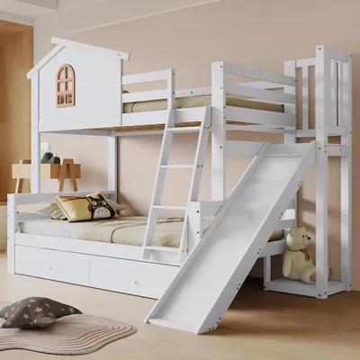 Produktbild von okwish Etagenbett 90x200cm & 120x200cm mit Leiter, Rutsche und 2 Schubladen, Weiß
