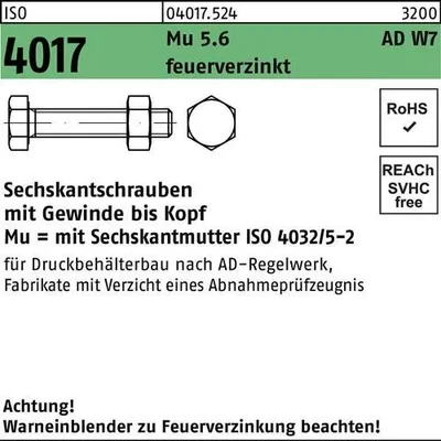 Produktbild von Sechskantschraube ISO 4017 VG m.Mutter M 20 x 75 5.6 AD W7 feuerverzinkt