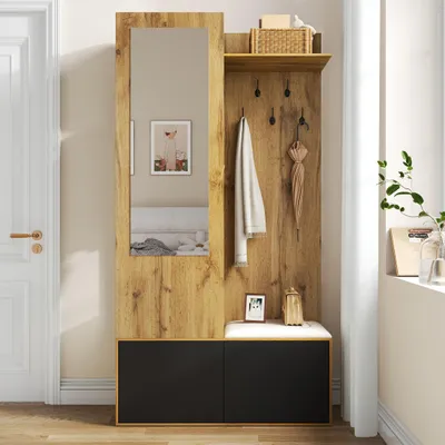 Produktbild von Das Kleiderschrank-Set umfasst 5 Kleiderhaken, einen Spiegel, einen Schuhschrank, ein oberes Regal mit verborgenem Bereich zum Aufhängen