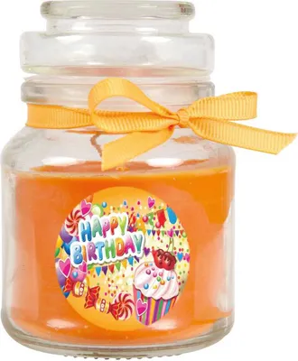 Zdjęcie produktu dla Świeczka zapachowa w słoiku "Happy Birthday", zapach: melon spadziowy (pomarańczowy), 120g - pali się do 30 godzin