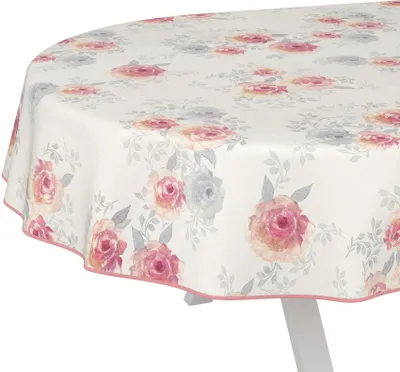 Produktbild von Tischdecke Floral Rosen Beige Rosa Oval 220x140cm mit Band-Kante Wachstuch abwaschbar