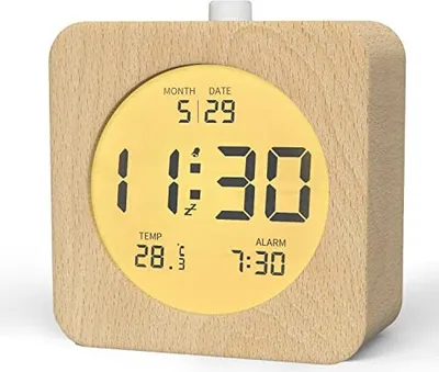 Obrázok produktu pre Digitálny budík, drevený nočný stolík, budík s LCD displejom, zobrazuje teplotu a dátum, funkcia odloženia budíka, podsvietenie, ideálny do spálne, štvorcový tvar