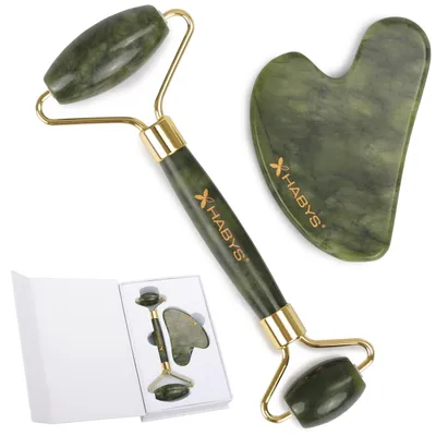 Produktbild von Gua Sha Massage-Set aus echtem Jade | Stein & Roller für Gesichtsmassage | Hautpflege & Anti-Aging reduziert Schwellungen & Augenringe | Geschenkbox