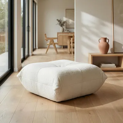 Image de Pouf en chenille, pouf rembourré moelleux recouvert de chenille, idéal comme repose-pieds pour canapés, beige