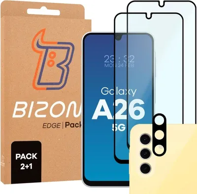 A product shot of a phone screen protector packaging, a phone, and a phone case.