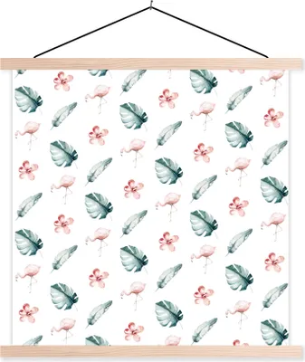 Produktbild von MuchoWow® Textilposter Flamingo - Muster - Blätter 60x60 cm mit holzfarbenen Rahmen - Wanddekoration