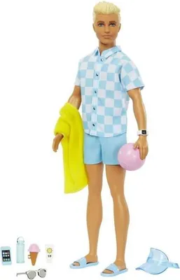 Produktbild von Barbie Ken Puppe, Blonde, Strandmode Blau, Strand Accessoires HPL74
