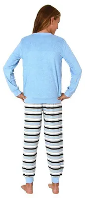Produktbild von Mädchen Schlafanzug, Frottee Pyjama mit Bündchen und süßem Motiv - Streifenoptik ; marine , 164