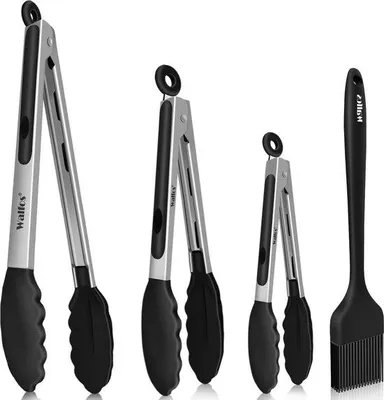Image de Pince à barbecue en acier inoxydable, résistante à la chaleur, 4 pièces, embouts en silicone, 21 cm, pour les barbecues et la cuisine
