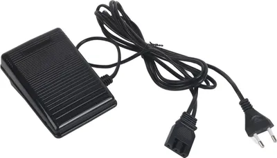 A black sewing machine foot pedal with a power cord and plug, isolated on a white background.