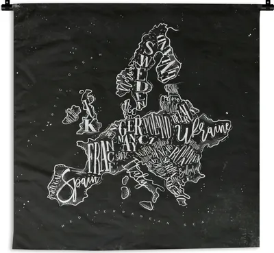 Produktbild von MuchoWow® Wandteppich Wandbehang Karte - Europa - Schwarz - Weiß 150x150 cm Tapisserie Dekoration Wandtuch - Wohnaccessoires - Modernes