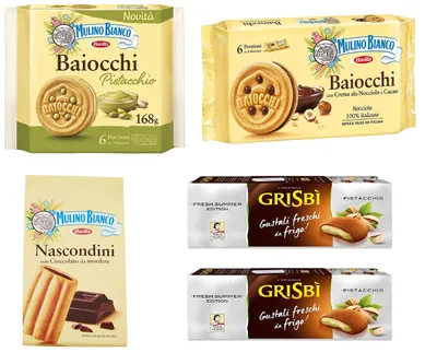 Produktbild von Testpaket Mulino Bianco Baiocchi kekse mit Pistazien 168g + Baiocchi nocciola + Nascondini 330g + 2x Matilde Vicenzi Grisbi Pistacchio kekse mit pistaziencreme biscuits cookies 150g
