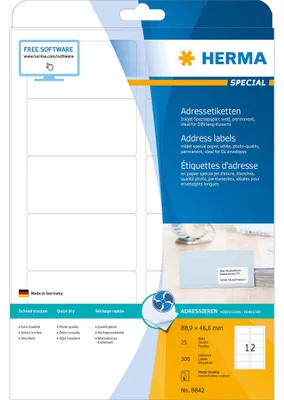 Image de HERMA 8842 étiquettes d'adresse Inkjet A4 blanc 88,9x46,6 mm mat 300 ex.