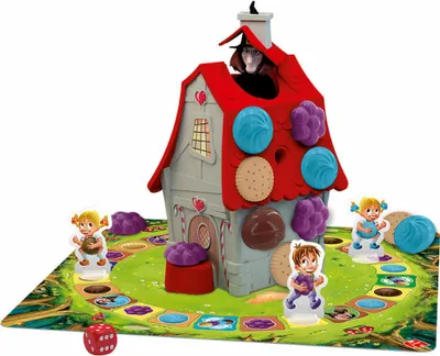 A board game with a candy house, game pieces, and a die.
