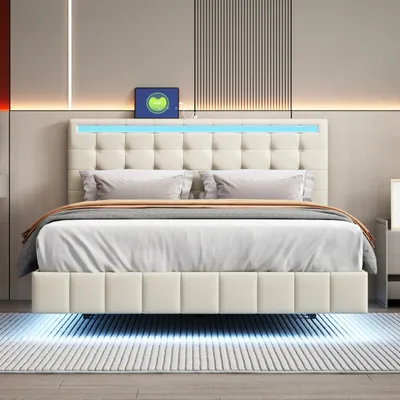 Zdjęcie produktu dla Łóżko tapicerowane Fortuna Lai 140x200cm z oświetleniem LED i wtyczką USB, podwójne łóżko z pływającą ramą łóżka i zagłówkiem o regulowanej wysokości, drewniane łóżko młodzieżowe, funkcjonalna pościel, beżowy