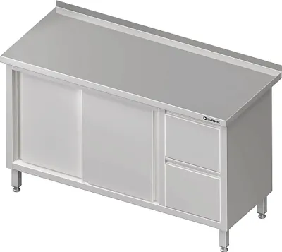 Produktbild von Arbeitsschrank mit Schiebetüren, 1400x600x850 mm, mit 2er Schubladenblock rechts, mit Aufkantung, verschweißt