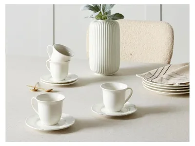 Produktbild von Set aus 8 Tassen mit Untertassen für Tee und Kaffee, Porzellan, Hochglanz Weiß