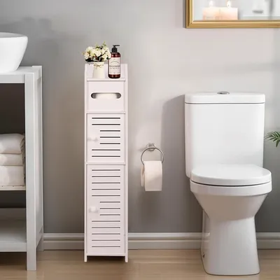 Obrázok produktu pre Úzka úložná skrinka s držiakom na toaletový papier, ideálna do menších kúpeľní