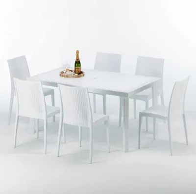 Immagine prodotto di Tavolo rettangolare bianco e 6 sedie Set di bastoni da esterno in polipropilene colorato Grand Soleil Bistrot Summerlife - Bianco