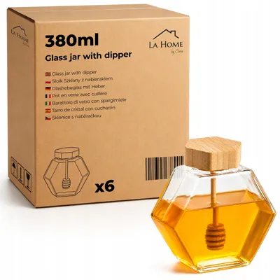 Image de Lot de 6 pots à miel 380 ml – bocal en verre hexagonal avec cuillère à miel, couvercle en bambou, pot à six pans pour sirop et cadeau