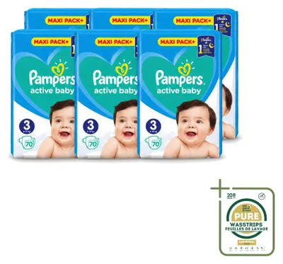 Immagine prodotto di 6 pannolini Pampers Active Baby, taglia 3, da 6 a 10 kg - confezione risparmio - 6 pezzi